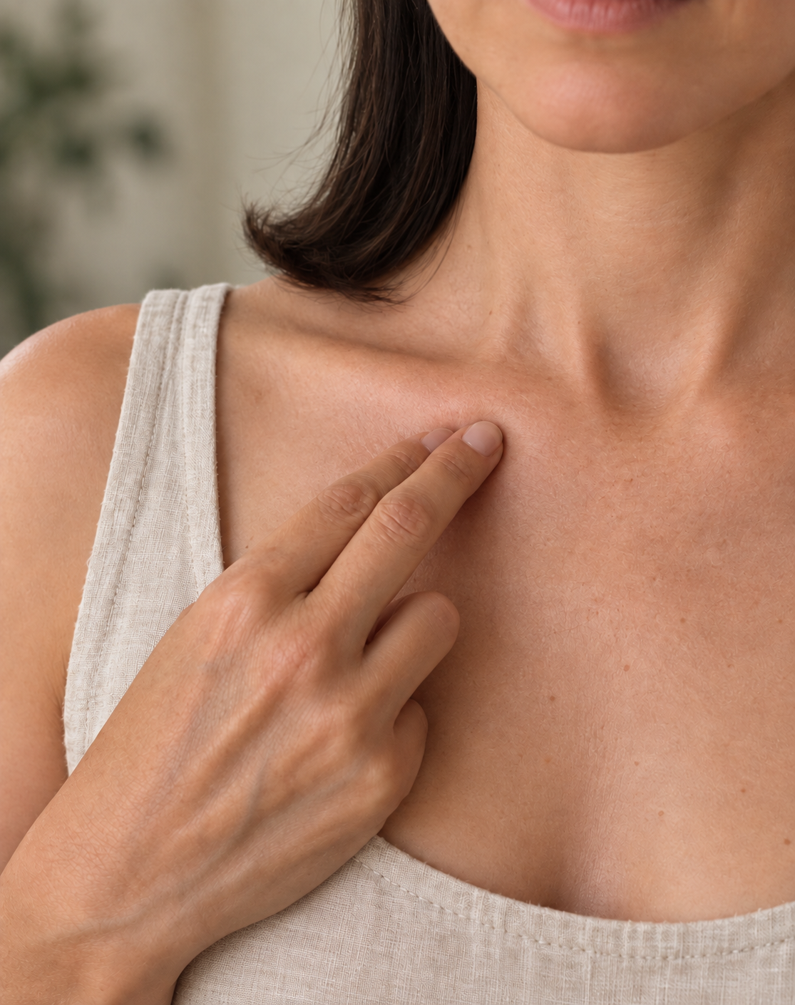 Close-up of intention tapping near the collarbone